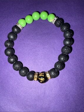 Source Unknown Black Lava Bead Bracelet with Green Accents